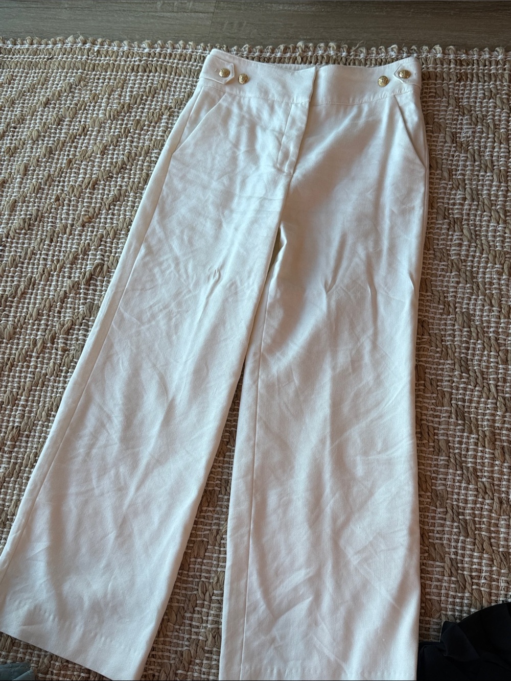 Veronica Beard Cream Wide-Leg Trousers with Gold Buttons